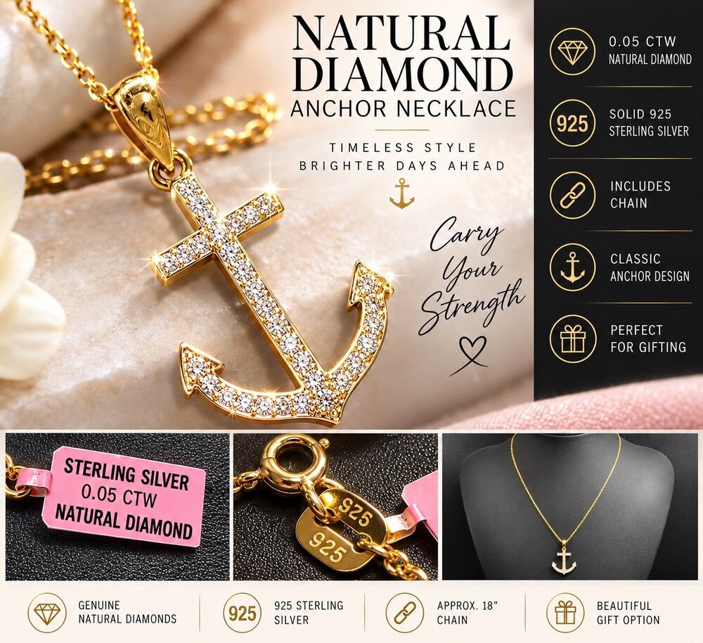 NWT Natural Diamond Anchor Necklace 0.05 CTW 925 Sterling Silver 14k Gold Plated